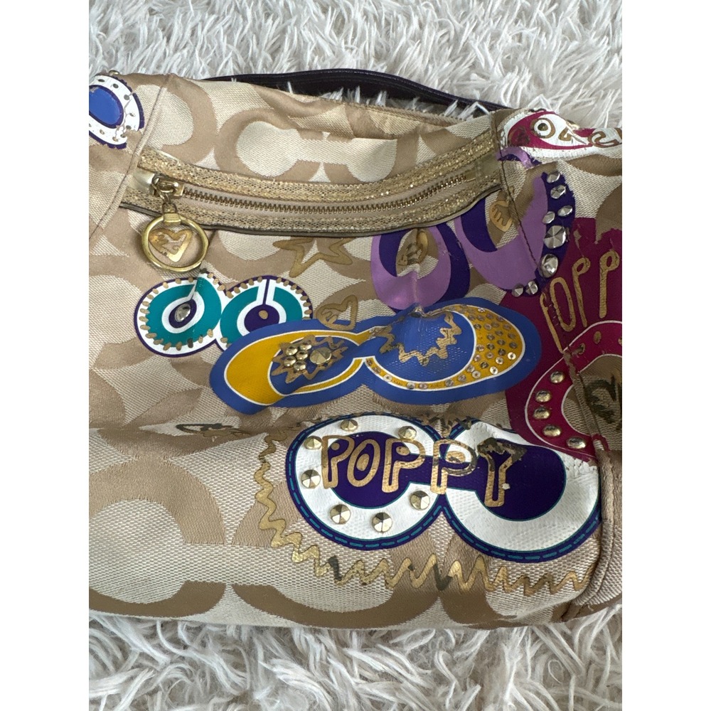 Vintage Coach Poppy Graffiti Glam Shoulder Bag Khaki Monogram Multicolor Sparkle - Picture 3 of 12